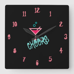 Martini - Alcohol Drink Pop Art, Pink & Turquoise Square Wall Clock