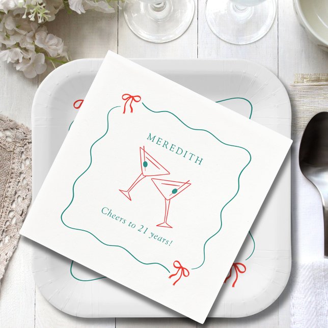 Martini Cheers to 21 Years Birthday Party Napkin (Martini Cheers to 21 Years Wavy Doodle Border with Bows Birthday Party Paper Napkins)