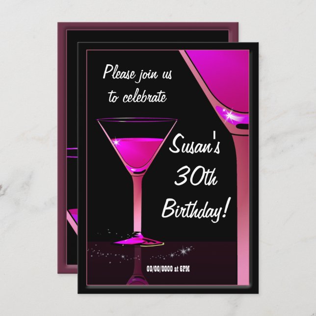 Martini Cocktail Pink Birthday Party Invitation (Front/Back)