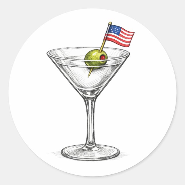 Martini Cocktail with American Flag Classic Round Sticker (Front)