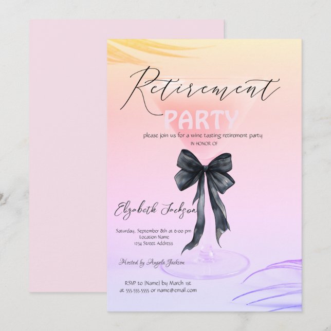Martini Glass Black Bow Palm Retirement Party Invitation (Front/Back)