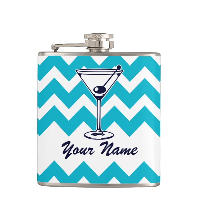 Martini Pictogram with Blue Chevron Pattern Hip Flask (Front)