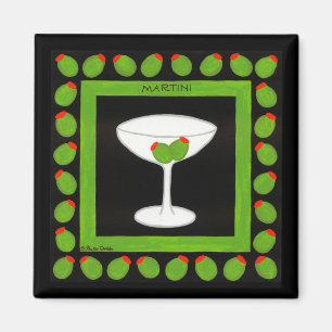 Martini Retro Drink Green Olives on Black Magnet