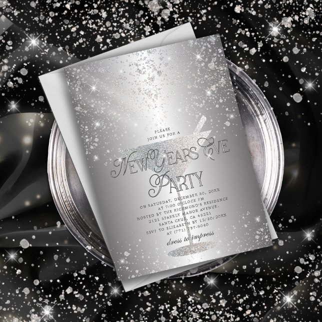 Martini Silver Glitter New Years Eve Party Invitation (Creator Uploaded)