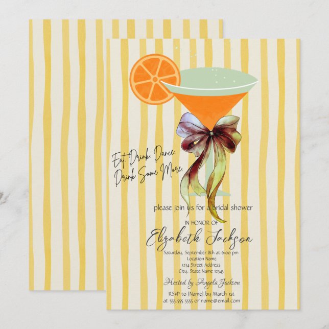 Martini Yellow Stripes Bow Bridal Shower  Invitation (Front/Back)