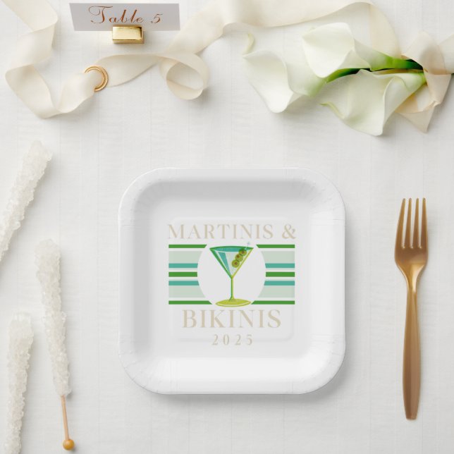 Martinis & Bikinis – 2025 Retro Bachelorette Party Paper Plate (Wedding)