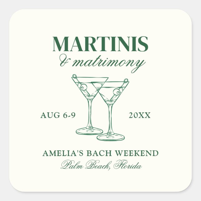 Martinis & Matrimony Bachelorette Weekend Square Sticker (Front)