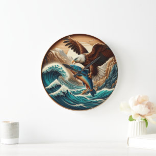 Marvellous Eagle Swooping Down to Catch Fish  Large Clock