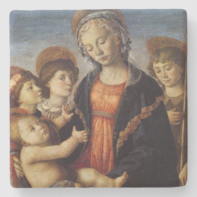 Mary and Baby Jesus With Angels Christmas Stone Coaster (Front)