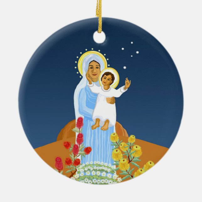 Mary and Jesus - Australian nativity Ceramic Tree Decoration (Back)