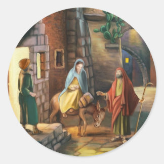Mary and Joseph with a donkey on Christmas Eve Classic Round Sticker