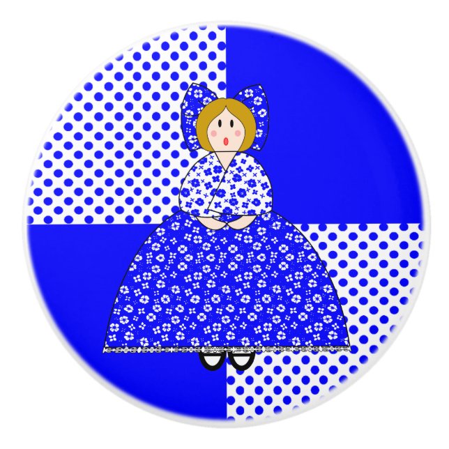 Mary Doll With Blue Polka Dot Background Ceramic Knob (Front)