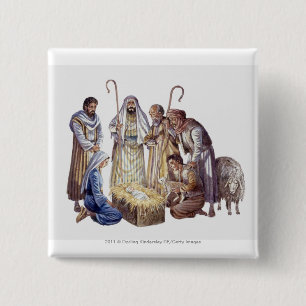 Mary, Joseph, and shepherds surrounding baby Jesus 15 Cm Square Badge