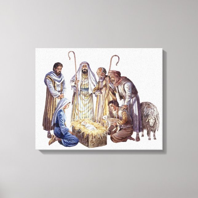 Mary, Joseph, and shepherds surrounding baby Jesus Canvas Print (Front)