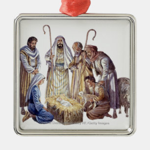 Mary, Joseph, and shepherds surrounding baby Jesus Metal Tree Decoration