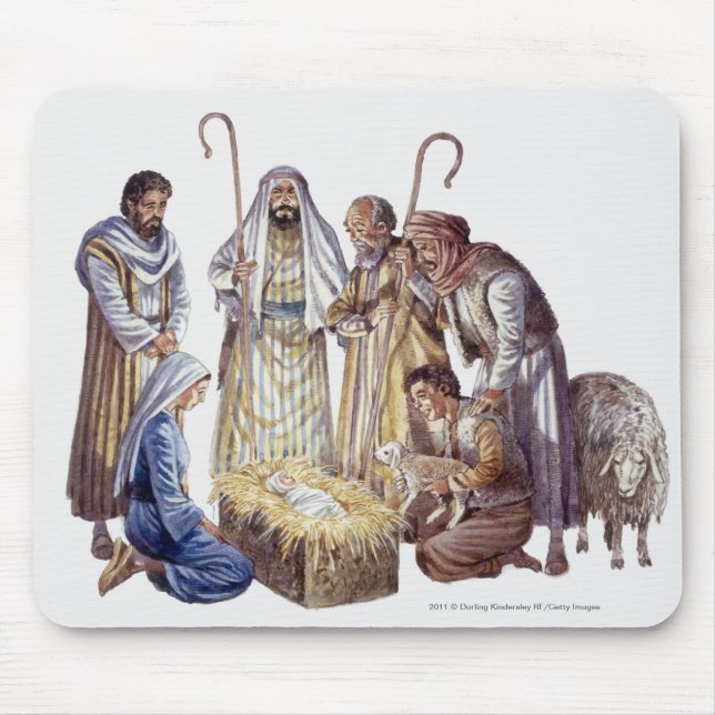 Mary, Joseph, and shepherds surrounding baby Jesus Mouse Pad (Front)