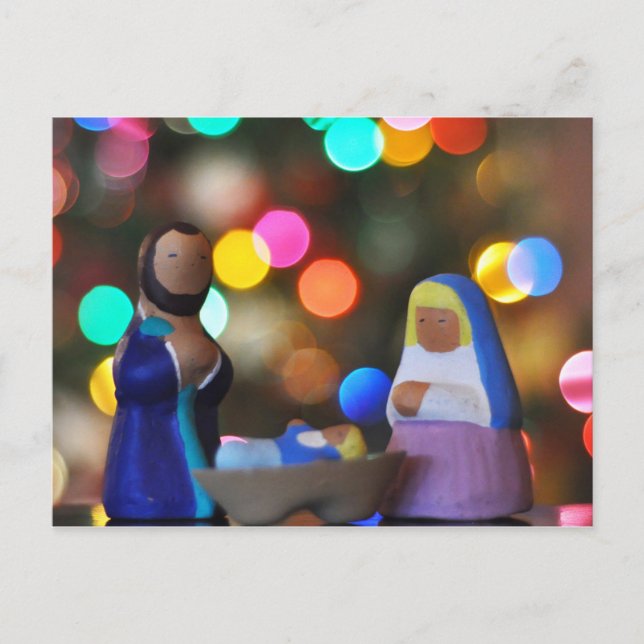 Mary, Joseph & Baby Jesus, Nativity, bokeh, lights Postcard (Front)