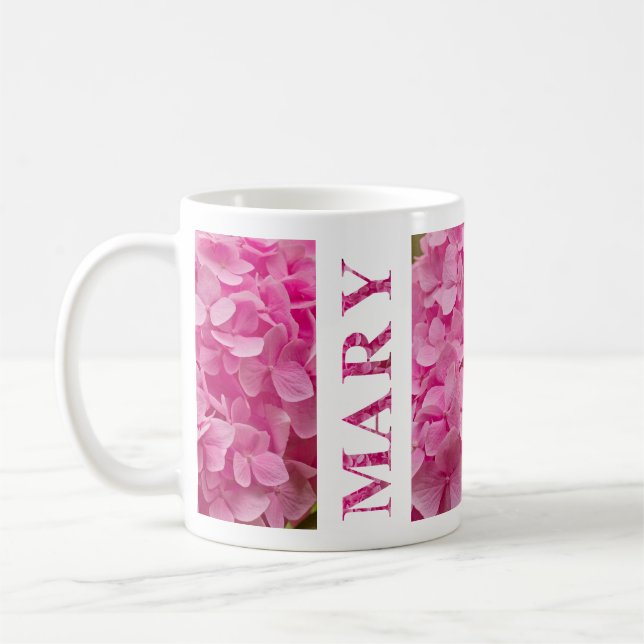"Mary" Name, Cute Pink Hydrangea Floral Lettering Coffee Mug (Left)