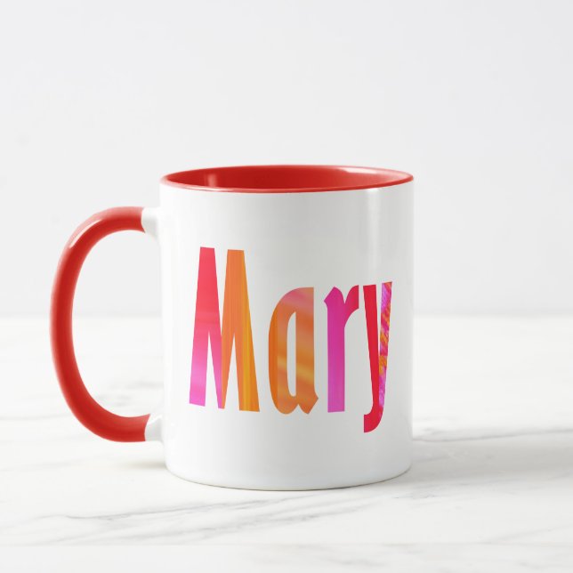 "Mary" Name, Fun Colourful Pink Orange Lettering Mug (Left)