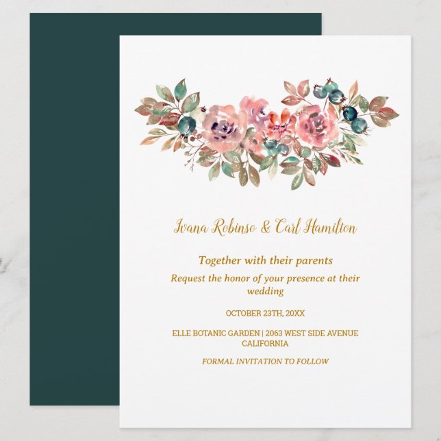 MARY Watercolor Rose Emerald Green Wedding Invitation (Front/Back)