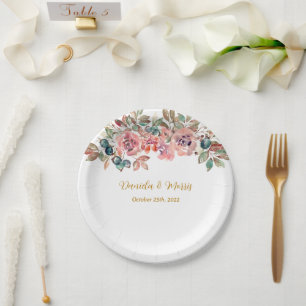 MARY Watercolor Rose Emerald Green Wedding Paper Plate