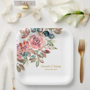 MARY Watercolor Rose Emerald Green Wedding Paper Plate