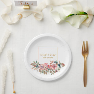 MARY Watercolor Rose Emerald Green Wedding Paper Plate