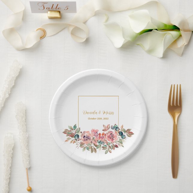 MARY Watercolor Rose Emerald Green Wedding Paper Plate (Wedding)