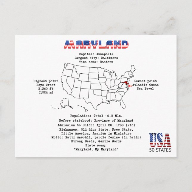 Maryland American state on a map and useful info Holiday Postcard (Front)