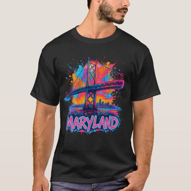 Maryland Bridge Watercolor Urban Souvenir Art T-Shirt (Front)