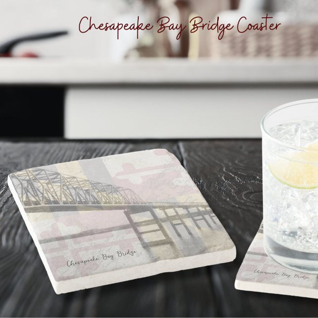 Maryland Flag Chesapeake Bay Bridge Stone Coaster (Add these Chesapeake Bay Bridge coasters to your kitchen accessories!)