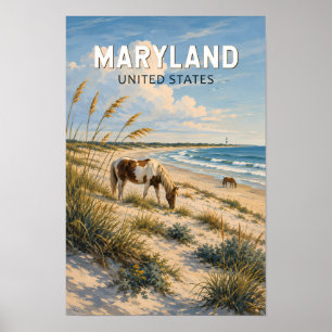 Maryland Horse Illustration Travel Art Vintage Poster