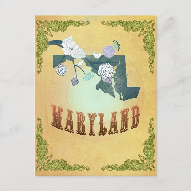 Maryland Map With Lovely Birds Postcard (Front)