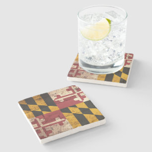Maryland State Flag on Old Wood Grain Stone Coaster