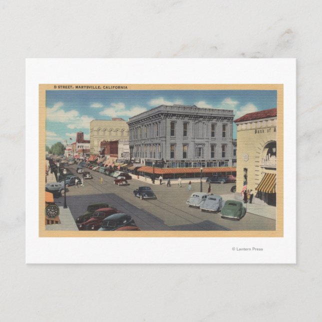 Marysville, California Town View of D Street Postcard (Front)