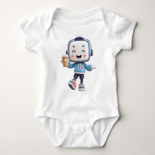 Mascot Drinking Coffee - cute  Robot with Coffee  Baby Bodysuit