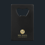 Masculine Black and Gold Personalised Groomsmen<br><div class="desc">Add a personal touch to your wedding with personalised groomsmen bottle opener. This bottle opener features black monogram in gold circle element with name and title in gold professional font style on black background. Also perfect for best man, father of the bride and more. Please Note : The foil details...</div>