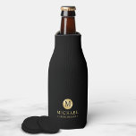 Masculine Black and Gold Personalised Groomsmen Bottle Cooler<br><div class="desc">Add a personal touch to your wedding with personalised groomsmen bottle cooler. This bottle cooler features black monogram in gold circle element with name and title in gold professional font style on black background. Also perfect for best man, father of the bride, ring bearer and more. Please Note : The...</div>