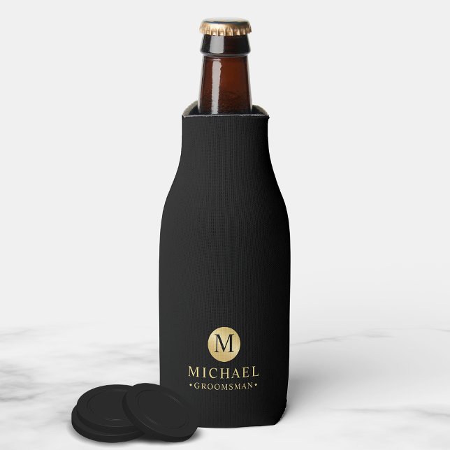 Masculine Black and Gold Personalised Groomsmen Bottle Cooler (Creator Uploaded)