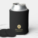 Masculine Black and Gold Personalised Groomsmen Can Cooler<br><div class="desc">Add a personal touch to your wedding with personalised groomsmen can cooler. This can cooler features black monogram in gold circle element with name and title in gold professional font style on black background. Also perfect for best man, father of the bride, ring bearer and more. Please Note : The...</div>