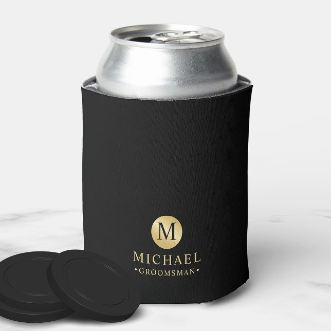 Masculine Black and Gold Personalised Groomsmen Can Cooler (Creator Uploaded)
