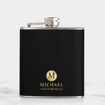Masculine Black and Gold Personalised Groomsmen Hip Flask<br><div class="desc">Add a personal touch to your wedding with personalised groomsmen flask. This flask features black monogram in gold circle element with name and title in gold professional font style on black background. Also perfect for best man, father of the bride and more. Please Note : The foil details are simulated...</div>