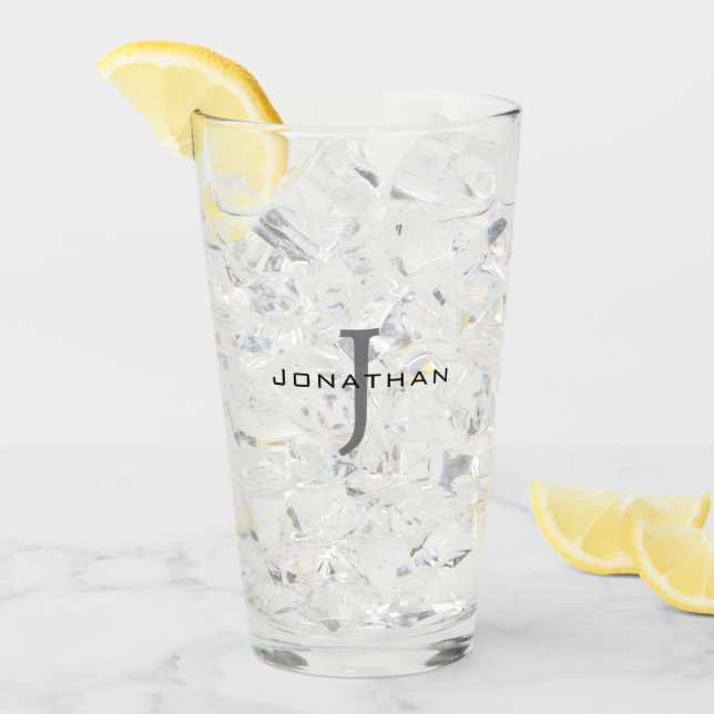 Masculine Black and White  Initial + Name Monogram Glass (Front Ice)