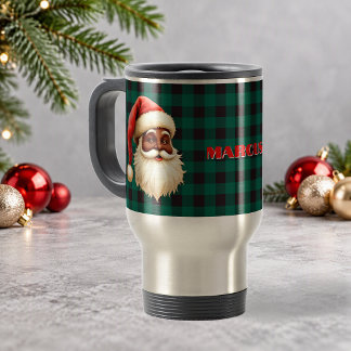 Masculine Black & Green Buffalo Check Black Santa Travel Mug