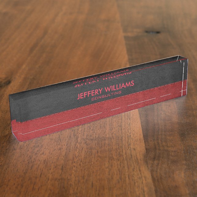 Masculine Black Leather Red Accents Nameplate (Side)
