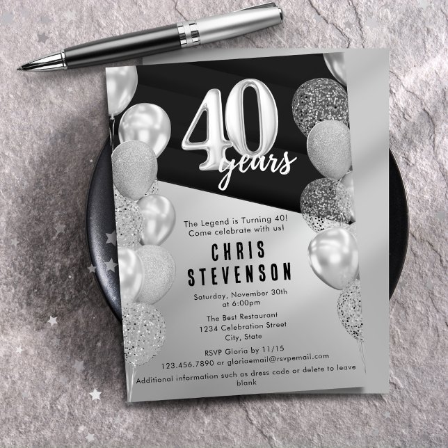Masculine Black Silver Balloons 40th Birthday Invitation (Creator Uploaded)