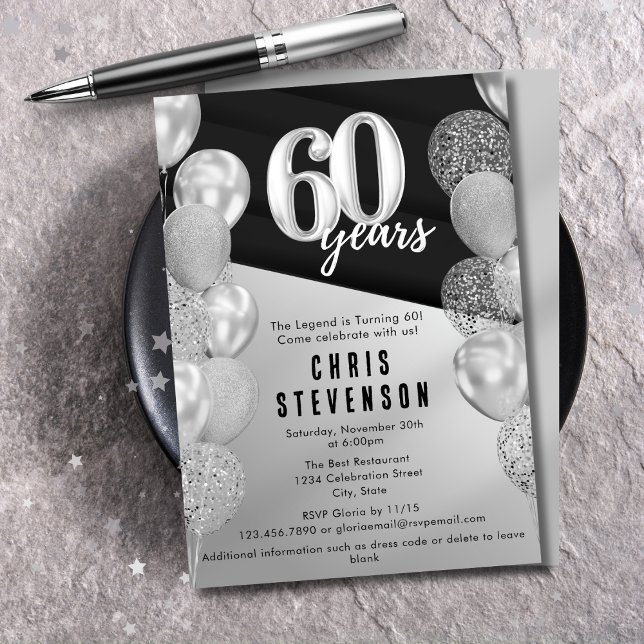 Masculine Black Silver Balloons 60th Birthday Invitation (Creator Uploaded)