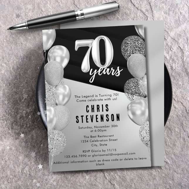 Masculine Black Silver Balloons 70th Birthday Invitation (Creator Uploaded)
