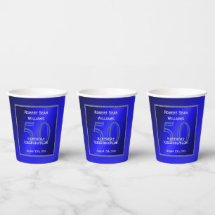 Masculine Blue & Glitter Frame 50th Birthday Paper Cups