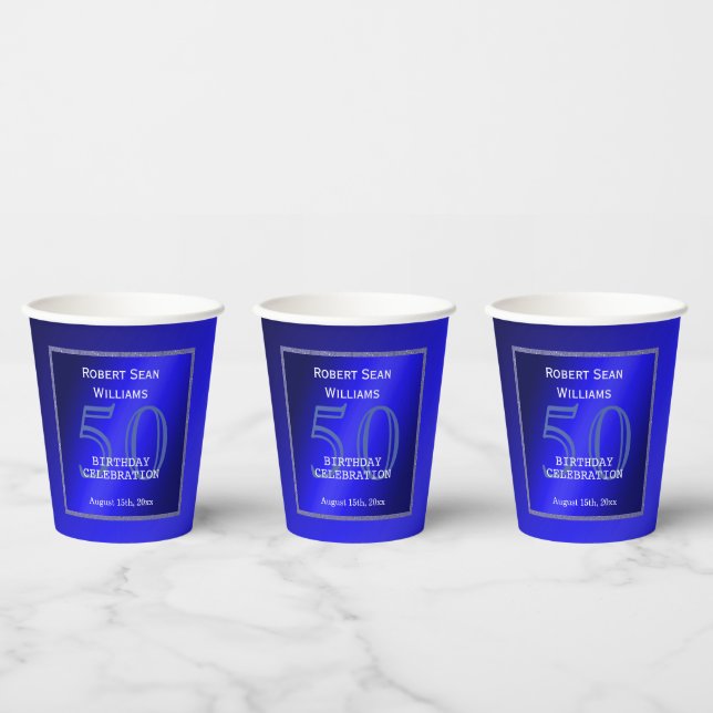 Masculine Blue & Glitter Frame 50th Birthday  Paper Cups (Multi)